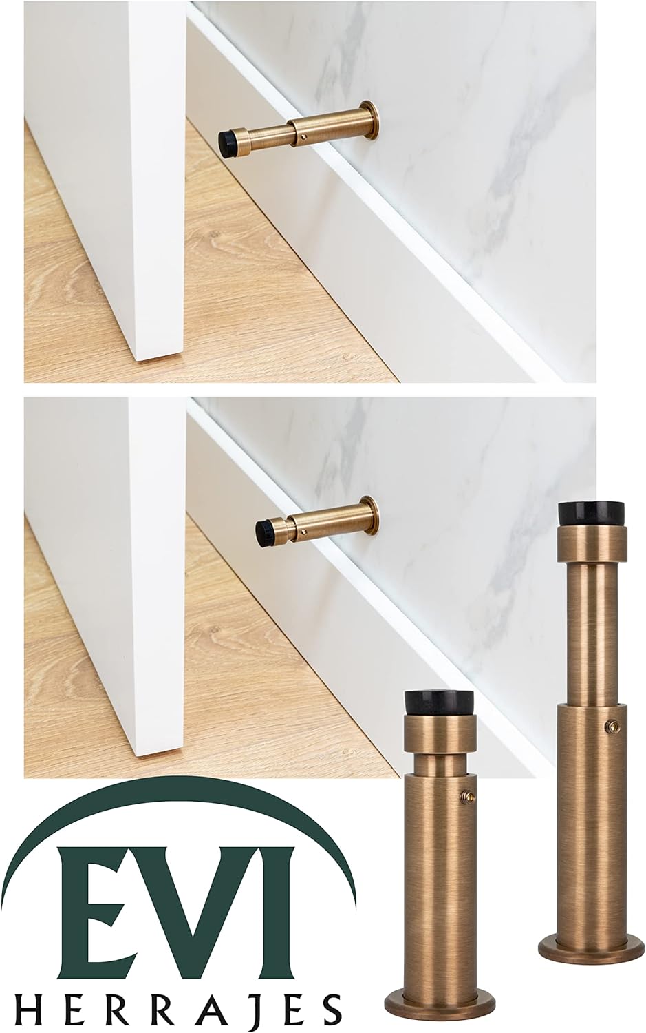 EVI HERRAJES Verstellbarer Türstopper aus Messing 88-120mm, Installation mit Schraubsockel (Messing