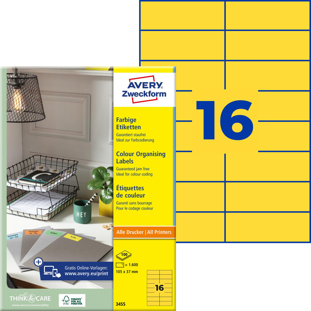 AVERY Zweckform 3455 Gelbe Etiketten (1.600 Aufkleber, 105x37mm auf A4, permanent haftend, selbstkle