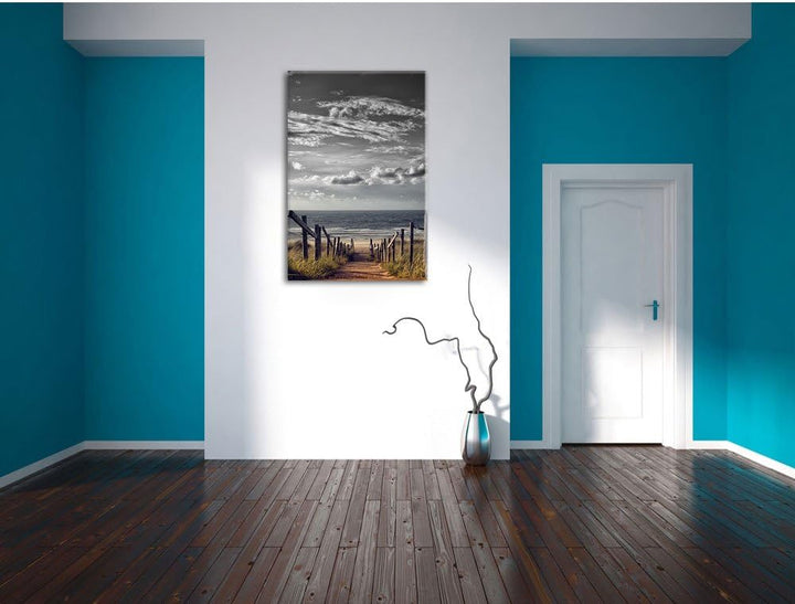 Pixxprint Weg zum Strand am Meer B&W Detail, Format: 100x70 auf Leinwand, 100x70