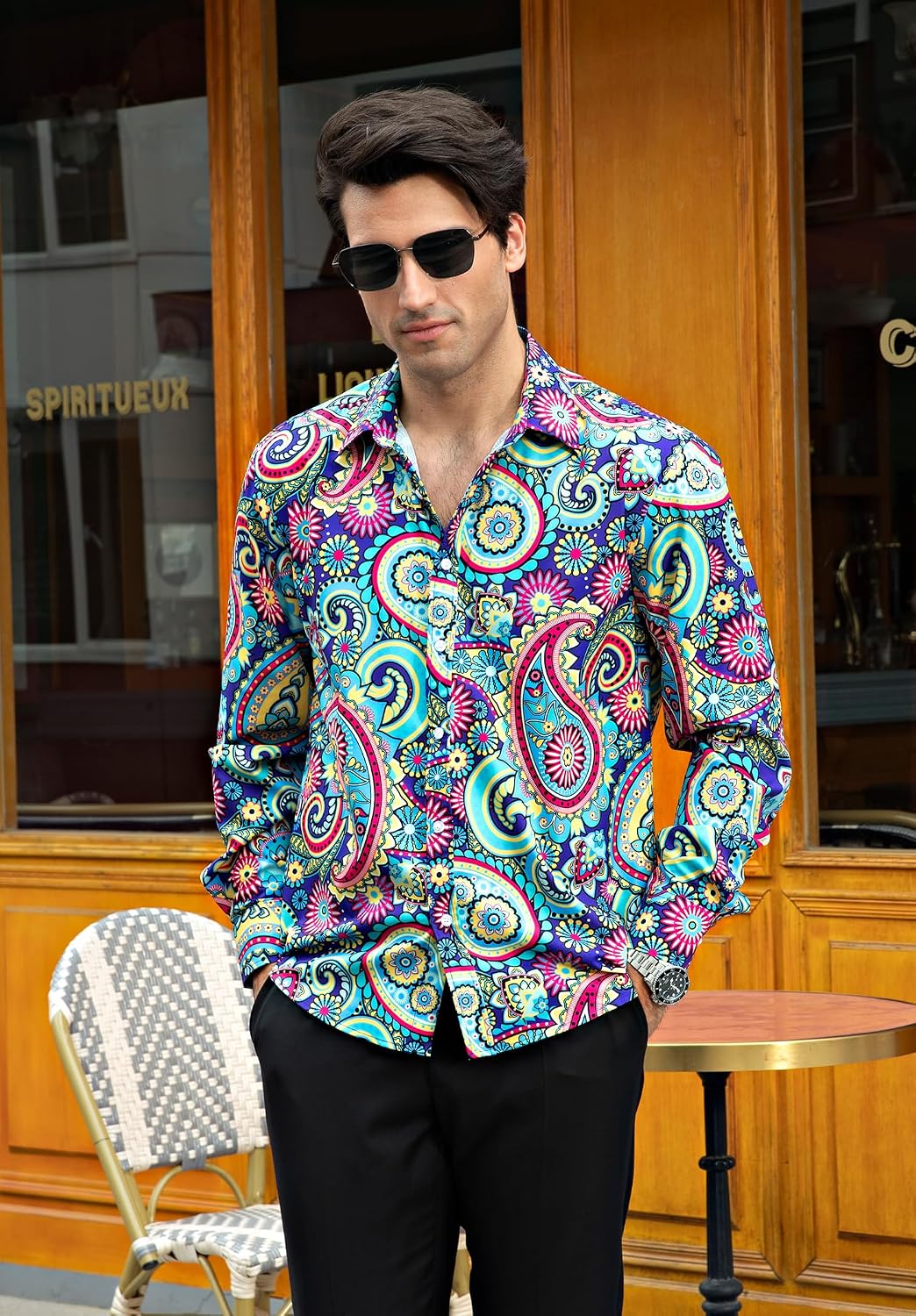 HISDERN Herren Paisley Hemd Langarm Satin Blumen Muster Hemd für Männer Jacquard Stickerei Freizeith