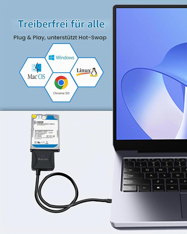 Mueuton SATA USB Adapter, USB 3.0 auf SATA III Festplattenadapter für 2,5 Zoll / 3,5 Zoll HDD/SSD Fe