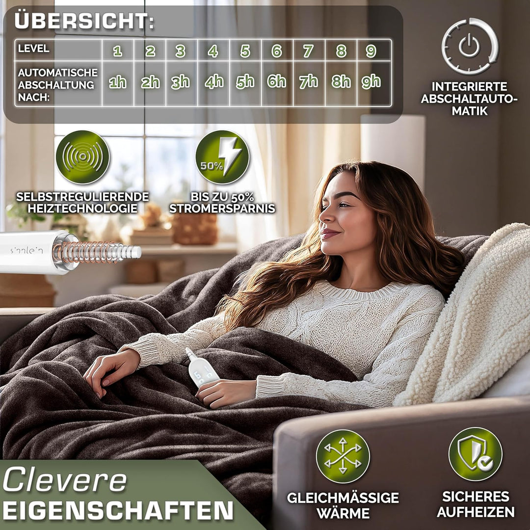 sinnlein® Heizdecke mit Abschaltautomatik 200 x 180 cm | Elektrische Wärmedecke mit 9 Temperaturstuf
