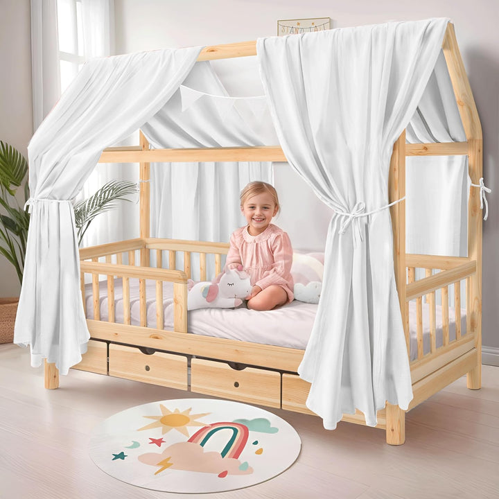 iLuane Hausbett Himmel aus 100% Baumwolle Musselin – Stoffhimmel Deko mit Schleifen – Betthimmel für