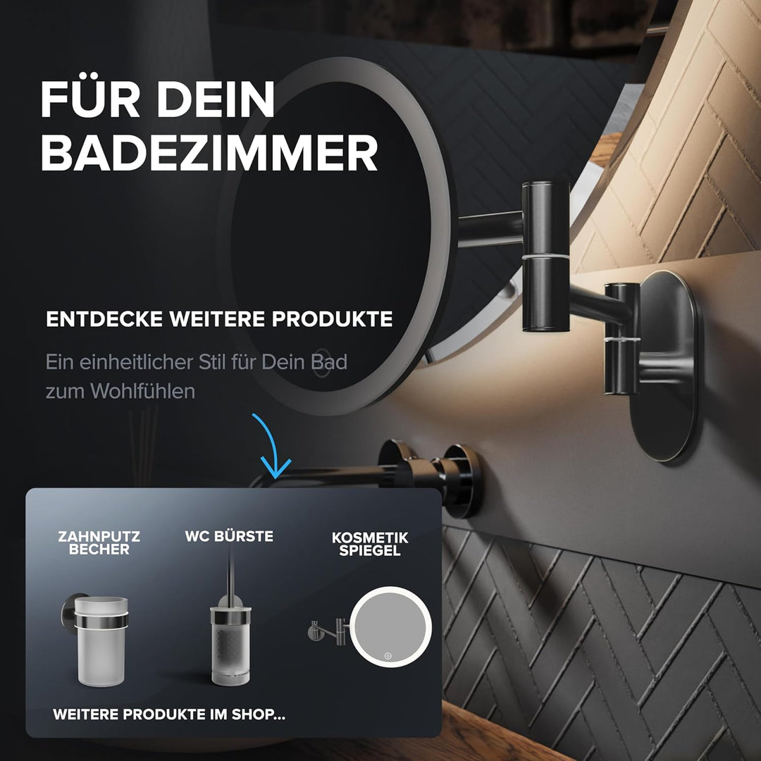 ovimar Kosmetikspiegel Ringstind Gunmetal | mit Beleuchtung | wiederaufladbar | Wandmontage ohne Boh