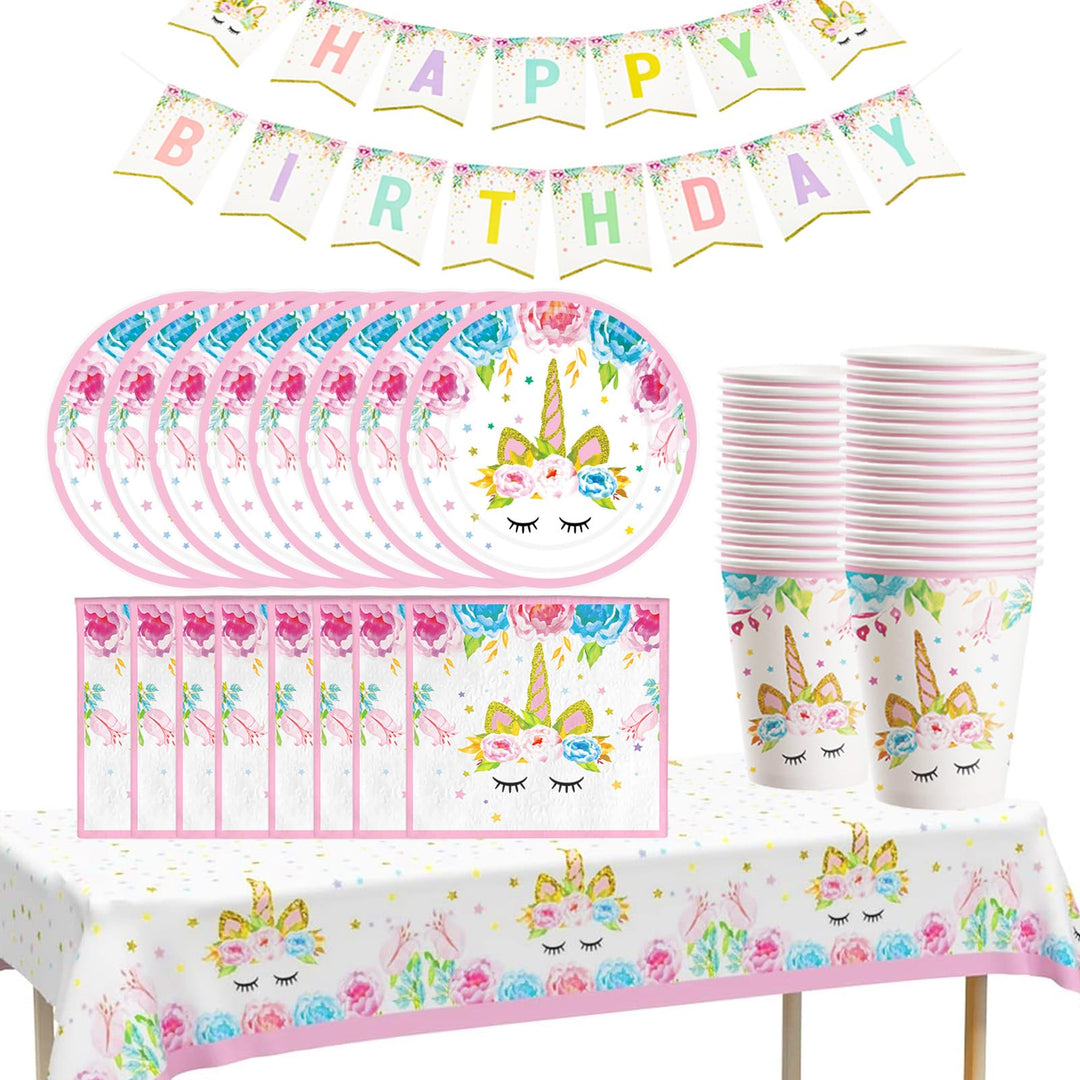 84 Stück Einhorn Partygeschirr Set Kindergeburtstag, Rosa Prinzessinnen Geburtstag Geschirr mit Papp