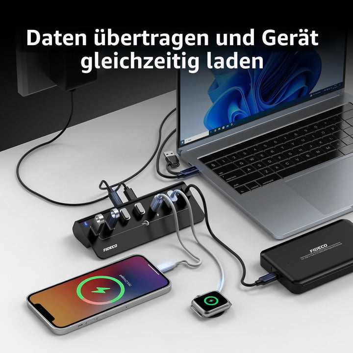 FIDECO USB Hub mit Netzteil, 7 Port USB 3.2 Gen 2, 10Gbit/s Schneller Datenhub, Vollaluminium-Verlän