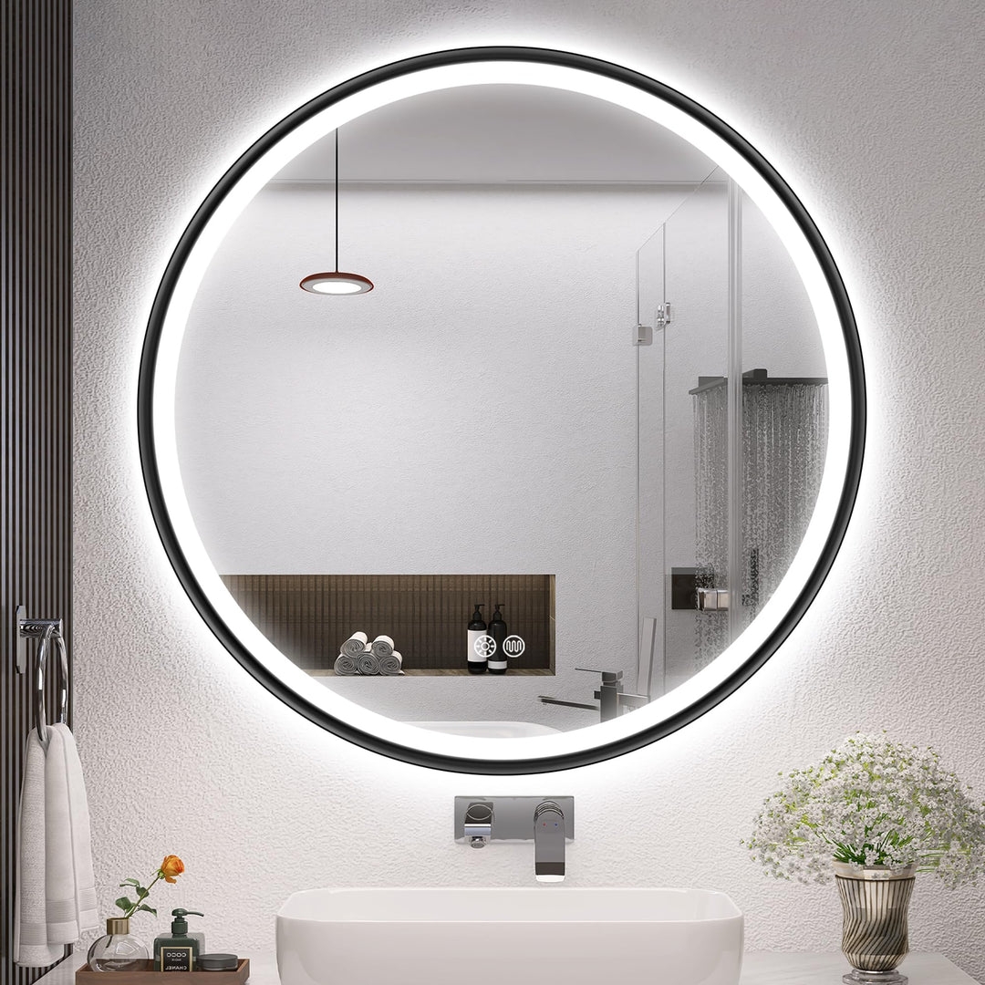 S'bagno Badspiegel mit Beleuchtung 70cm, Spiegel Rund mit Beleuchtung mit Aluminiumrahmen, Entfoggen