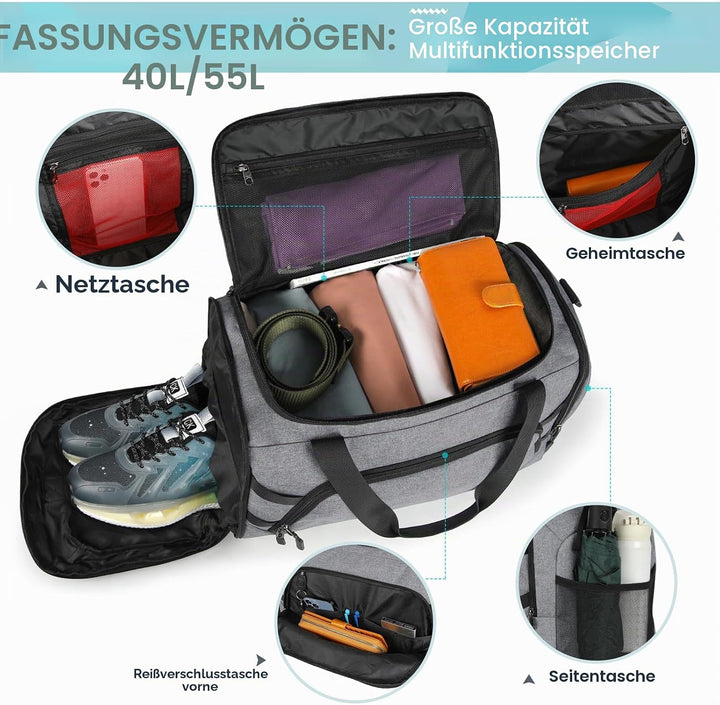 RAINSMORE Sporttasche Herren Reisetasche Gross 40L Weekender Damen mit Schuhfach Nassfach Wasserdich