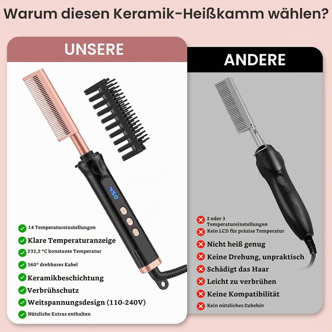 Hot Comb Heisser Kamm mit Quarz-Keramik-Beschichtung, Elektrischer Haarglätter für Afro-Haar &amp; Natur