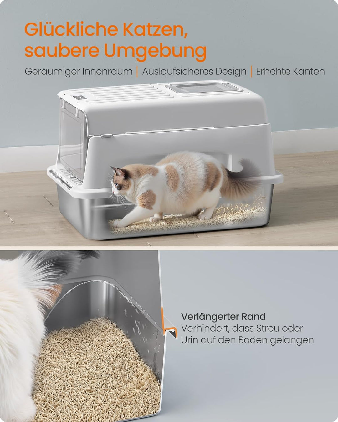 Feandrea Katzenklo Edelstahl, Katzentoilette mit Deckel, mit Schaufel, Katzenstreumatte und 2 Eingän