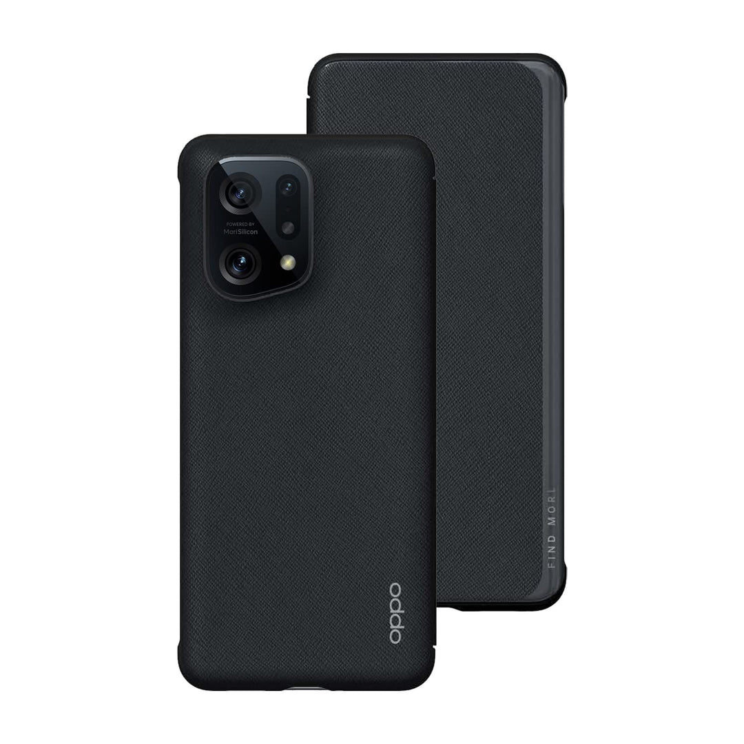 OPPO Find X5 offizielle Handyhülle, veganes PU-Leder, Klapphülle, Schwarz