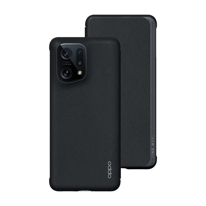 OPPO Find X5 offizielle Handyhülle, veganes PU-Leder, Klapphülle, Schwarz