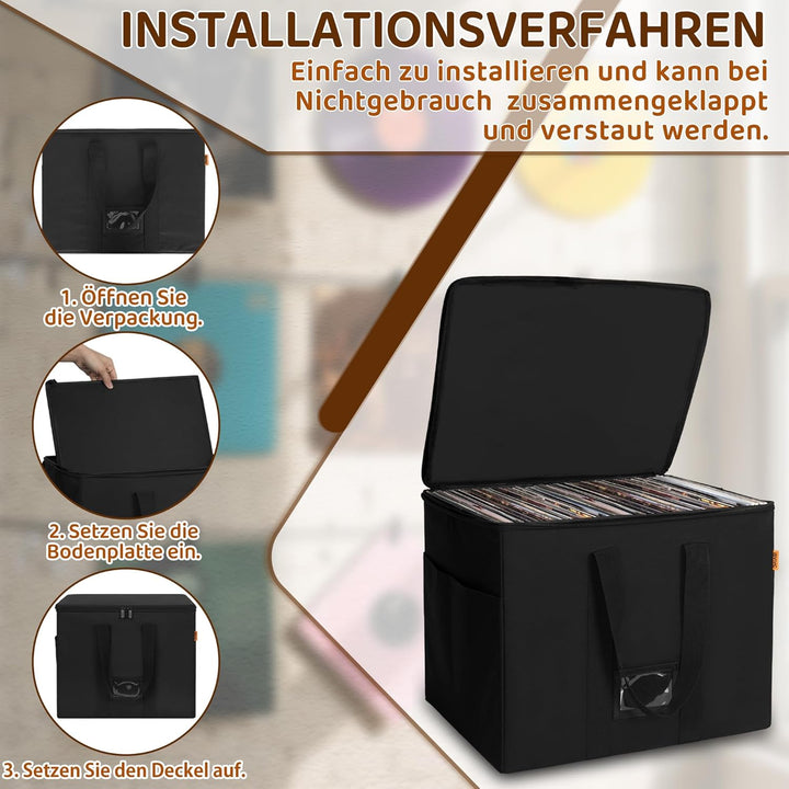 Vinyl-Schallplatten-Aufbewahrungsbox mit Reissverschlüsse, Klappbare Plattenkoffer für LP-Schallplat