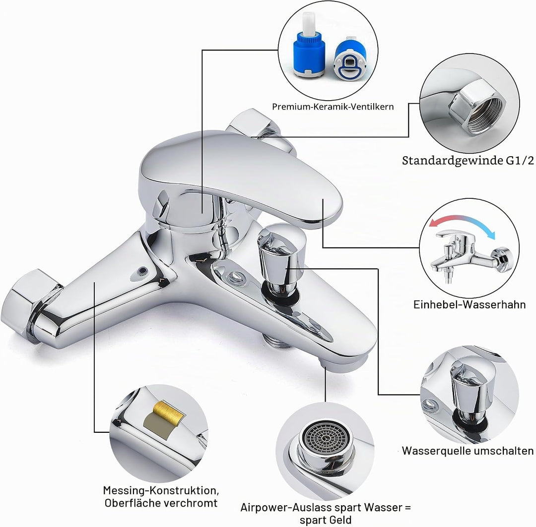 Badewannenarmatur Einhebel mit Handbrause und Duschschlauch Gummi (150cm), Mischbatterie Badewanne m