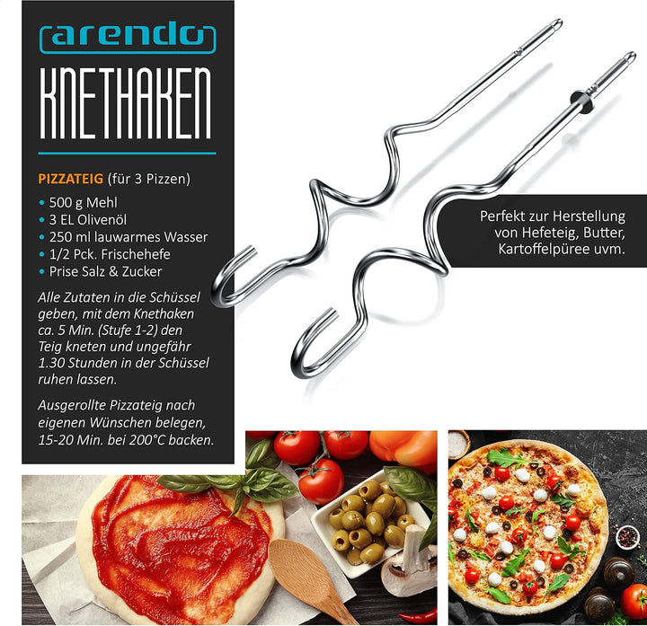 Arendo - Handmixer, Handrührer, 350 Watt, 2 Rührbesen, 2 Edelstahl-Knethaken, spülmaschinengeeignet,