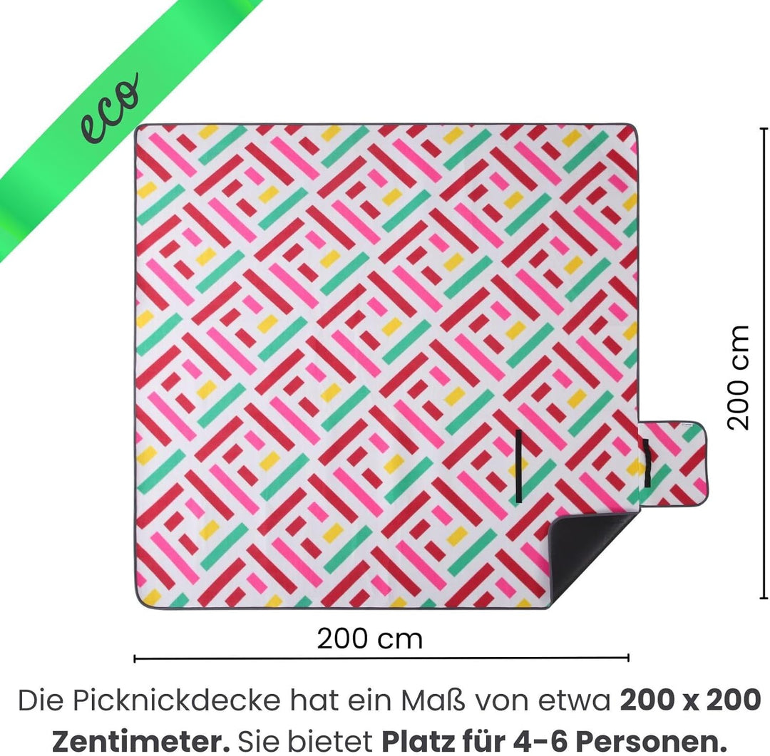 wometo eco-line nachhaltige Picknickdecke XXL 200x200 Grafik pink Mint rot, Grafik Pink