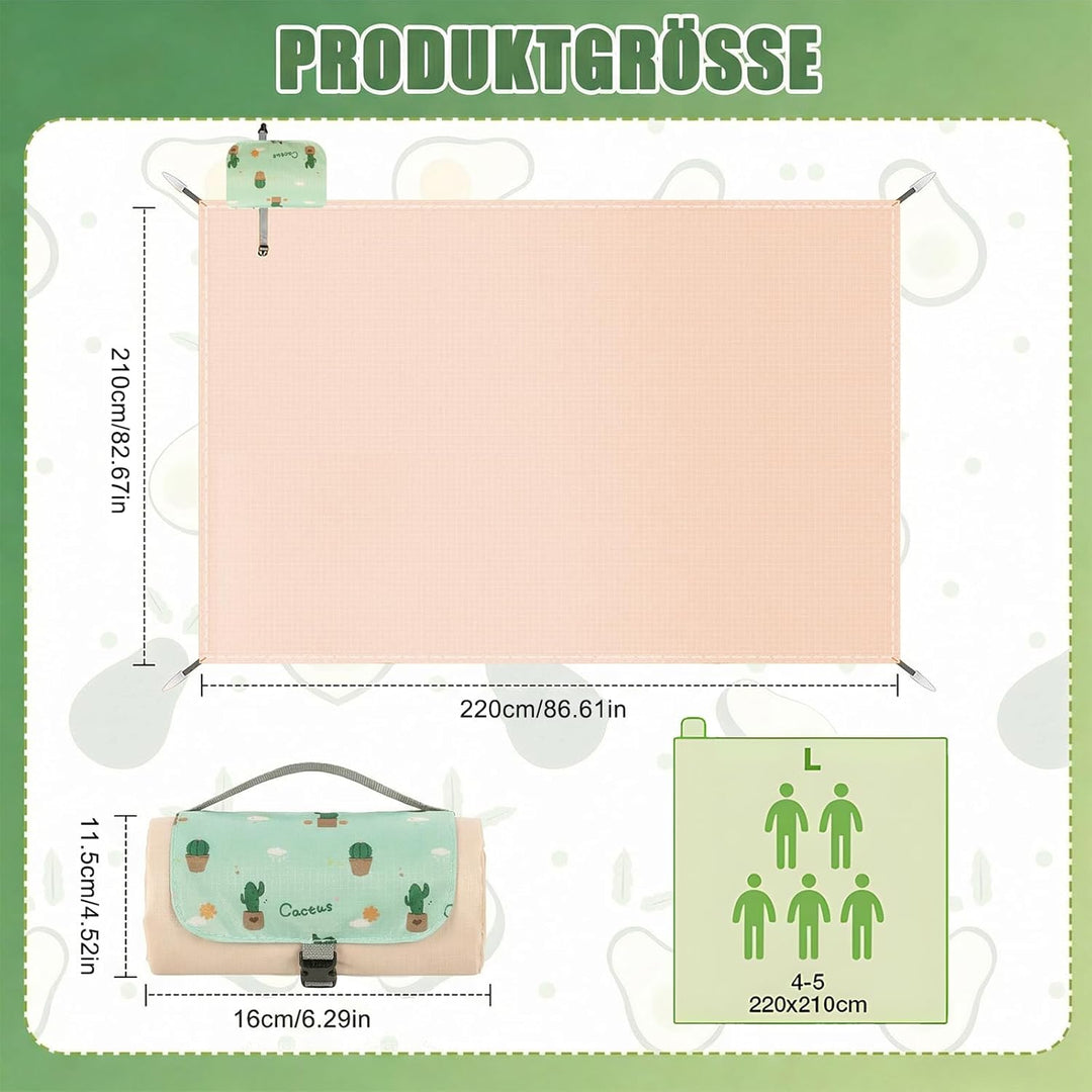 Mini Picknickdecke 210x220 cm, Wasserdichte, Ultraleichte, Tragbare Picknickdecke mit 4 Heringen, Ma