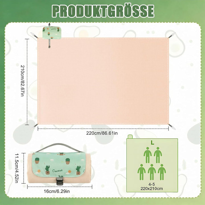 Mini Picknickdecke 210x220 cm, Wasserdichte, Ultraleichte, Tragbare Picknickdecke mit 4 Heringen, Ma