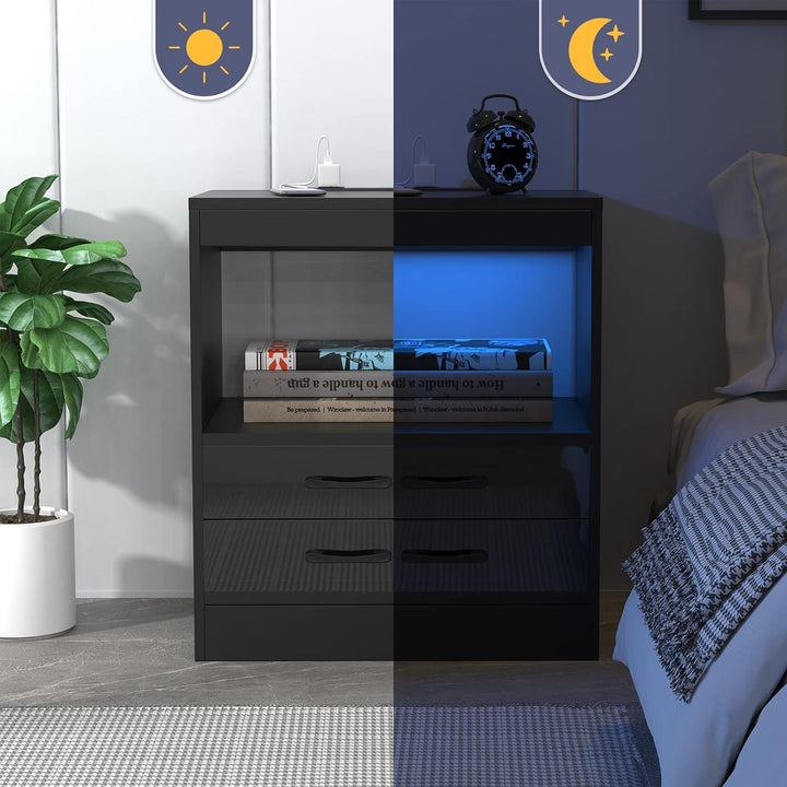 Lvhecforhm Nachttisch Schwarz mit LED-Beleuchtung, Nachttisch mit 2 AC-Steckdosen, 2 USB-Anschlüsse,