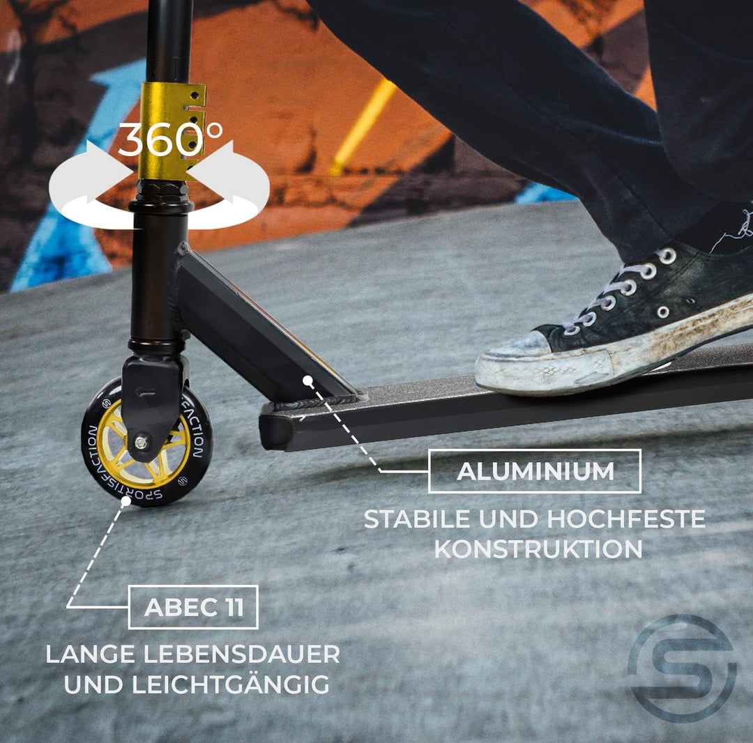 Sportisfaction Stuntscooter | Robustes Design für Tricks &amp; Stunts | ABEC11 Kugellager | 100kg Belast
