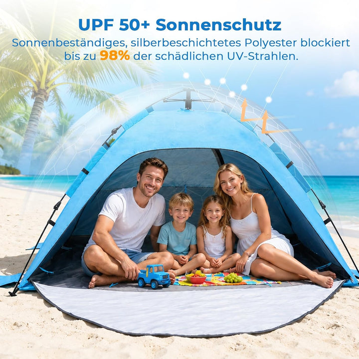 Strandmuschel Pop Up für 2-3 Personen – Automatisches Strandzelt mit Verlängerter Matte, 2 Fenster f