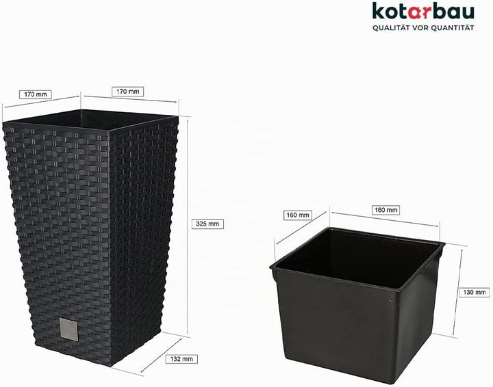 KOTARBAU® Blumentopf 170x170x324mm Rattandesign Quadratisch mit Innentopf Anthrazit, 170x170x324mm