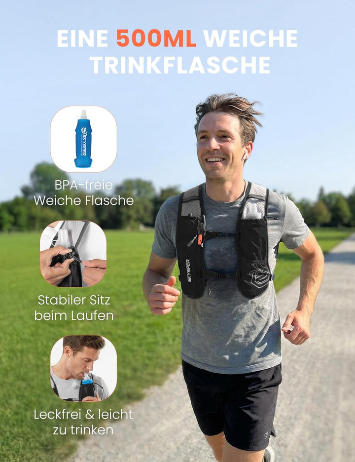 SKYSPER Laufweste für Damen Herren 12L Laufrucksack mit 500ml Trinkflasche Reflektierende Trinkweste