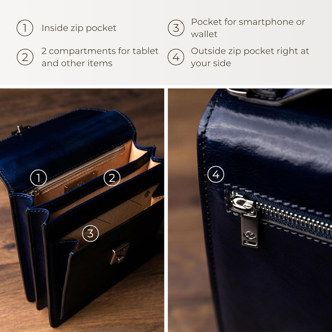 Time Resistance Leder Aktentasche - Leder Tasche Handgefertigt in Italien - Arbeitstasche mit Schult