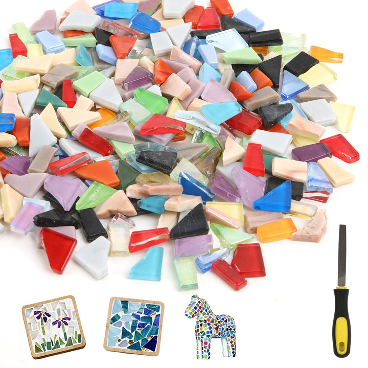 GEEKHOM 1kg Mosaiksteine zum Basteln, inkl. Feile - Mosaikfliesen Unregelmässig 0,5–1,5cm Regenbogen