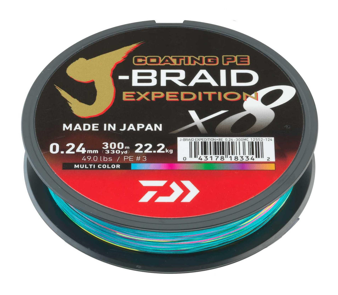 DAIWA J-Braid Expedition X8E, 300m, Multi-Color/Mehrfarbig, Geflochtene Angelschnur 300m / 0,18mm /