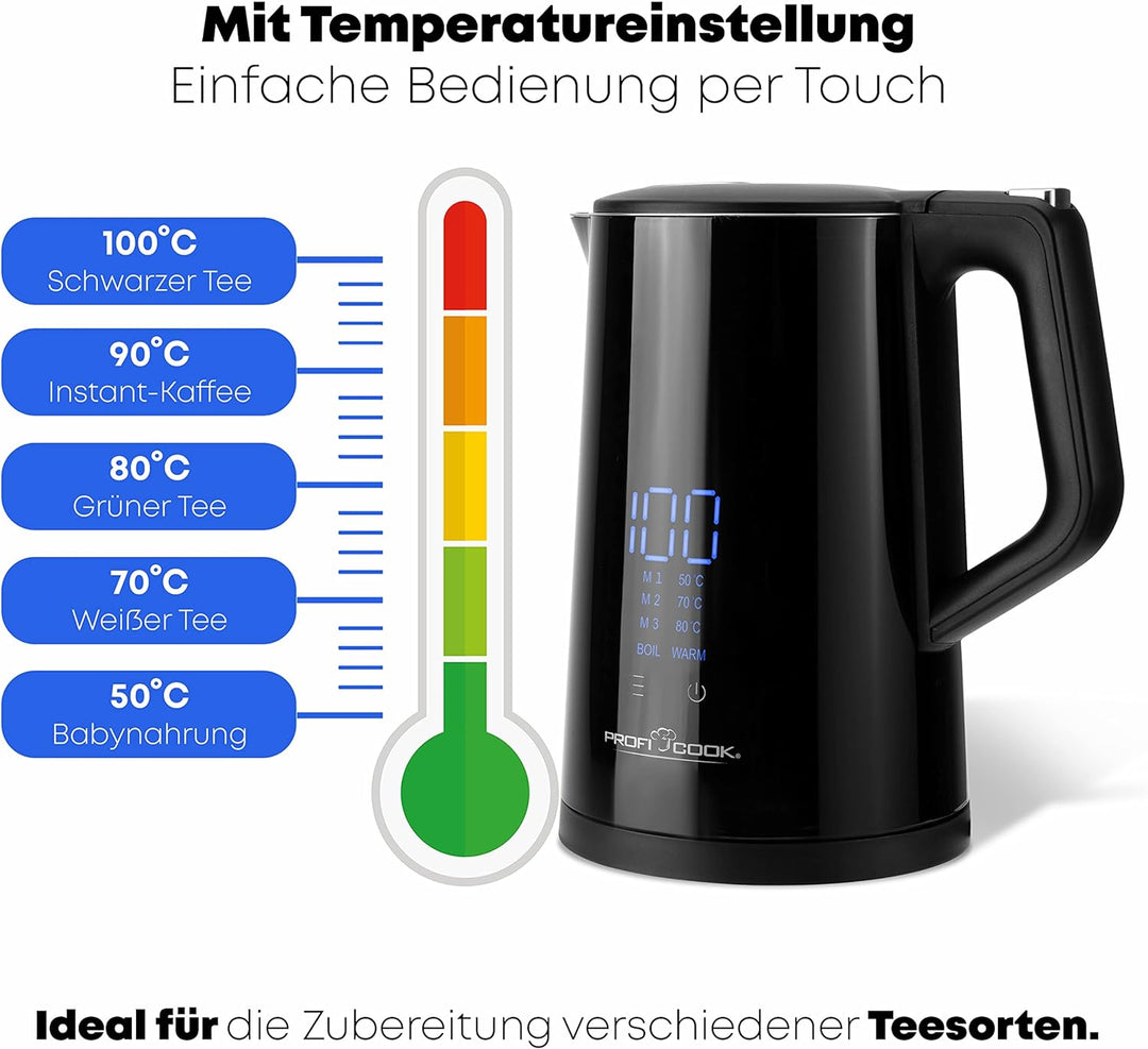 ProfiCook® Wasserkocher mit Temperatureinstellung 1,7 Liter – Temperaturauswahl 50°-100°C, Soll & Is