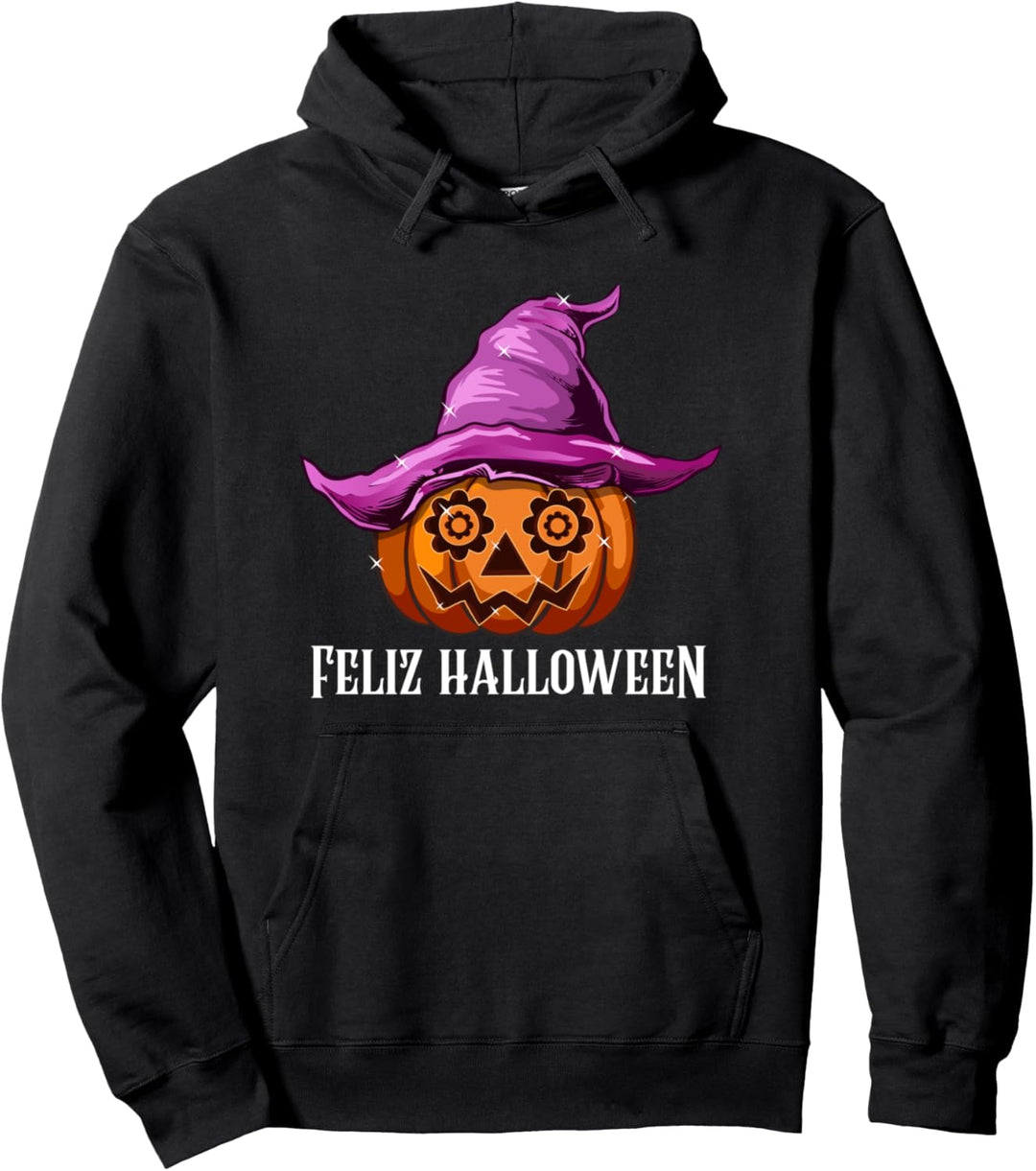 Feliz Halloween Pumpkin in Witch Hat Spanish Bruja Cute Fun Pullover Hoodie