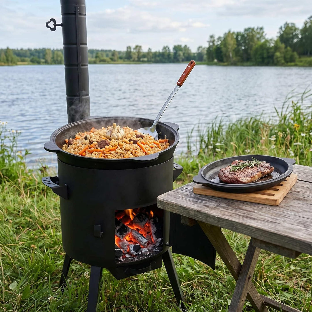 Ø36cm Uchag 2mm stahl mit Abzugsrohr Utschak Utschag Feldküche 8L Kazan WOK Kasan (Runder boden) Feu