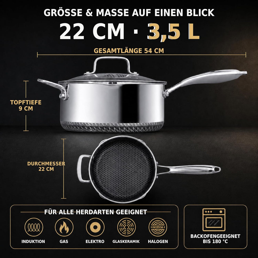 INTIGNIS 22 cm / 3.5 L Antihaft-Kochtopf mit Doppeltgriff und Deckel | Edelstahl | Für Induktion Gas