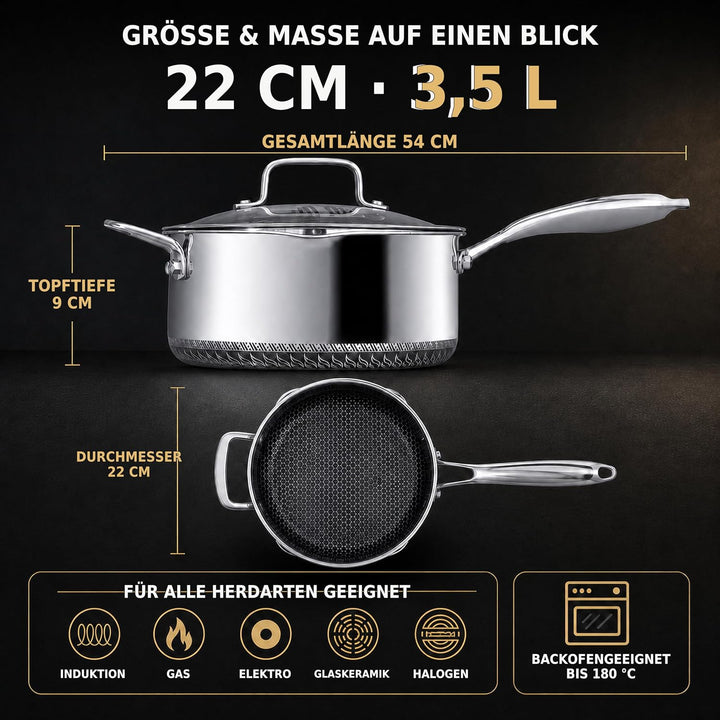 INTIGNIS 22 cm / 3.5 L Antihaft-Kochtopf mit Doppeltgriff und Deckel | Edelstahl | Für Induktion Gas