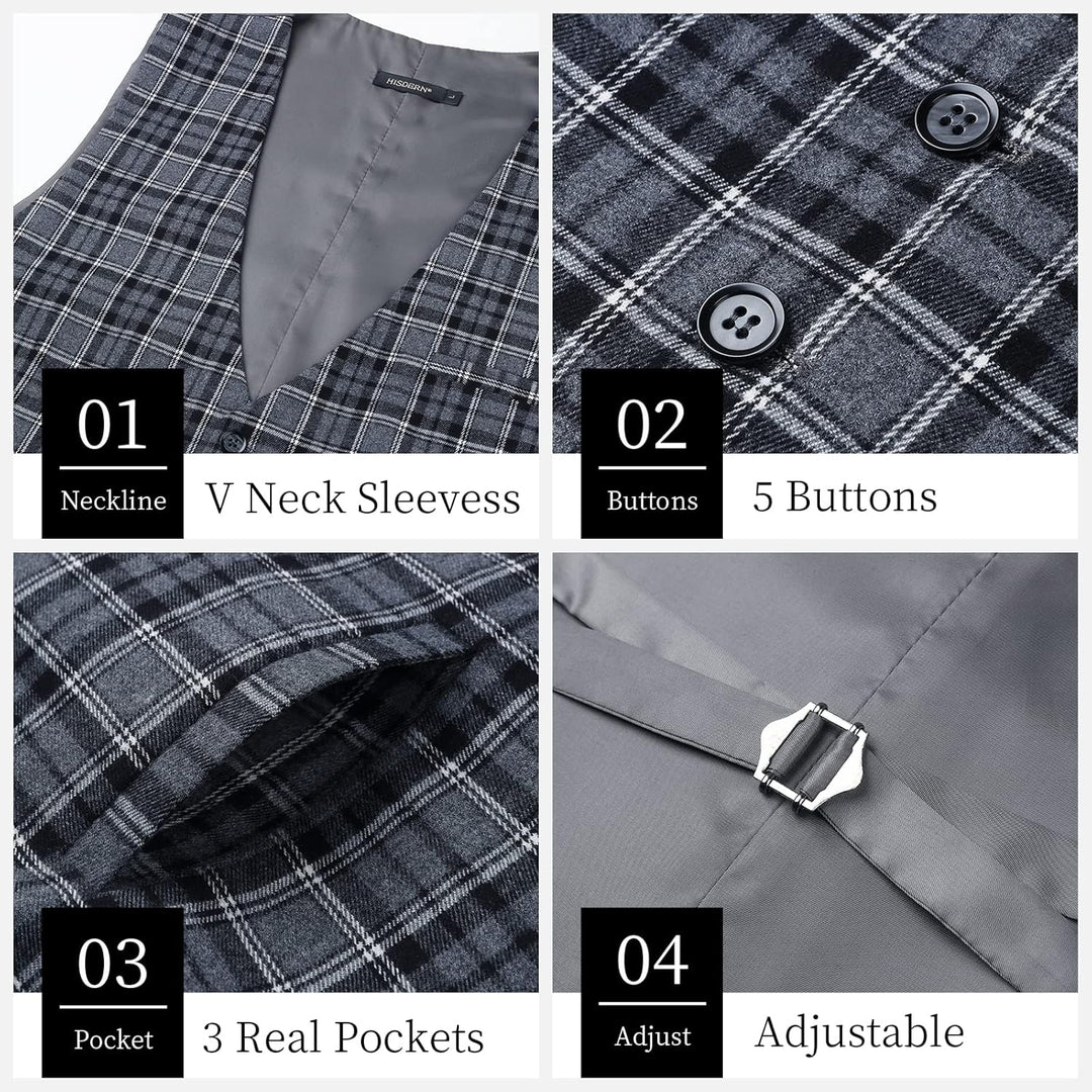 HISDERN Manner Formale Hochzeitsfeier Weste Baumwolle Plaid Kleid Anzug Weste für Herren Schwarz XS,