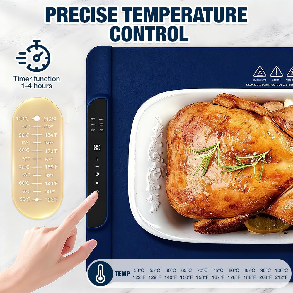 Warmhalteplatte Elektrisch,Silikon Wärmematte mit 10 Einstellbarer Temperatur,Wärmebehälter für Spei