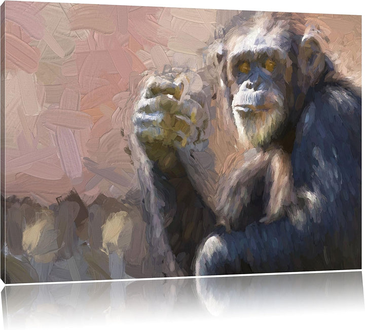 Pixxprint Aufmerksamer Schimpanse Kunst Pinsel Effekt, Format: 100x70 auf Leinwand, XXL riesige Bild