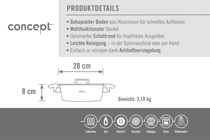 Woll Concept Bratentopf mit Deckel - Induktiv -, Ø 28 cm, 8 cm hoch, 4,8l - Geeignet für alle Herdar
