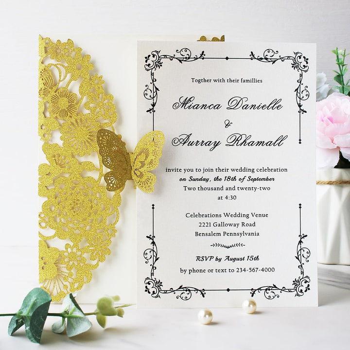 Hosmsua 20x Golden Glitzer Laserschnitt Spitze Flora Hochzeit Einladungskarten mit Schmetterling und