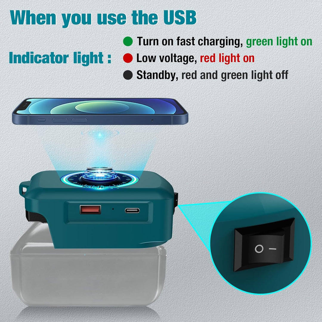 Wireless für Makita Akku USB Ladegerät Adapter,Kabelloses Handy Ladegerät für Makita 18V Akku,Typ-C