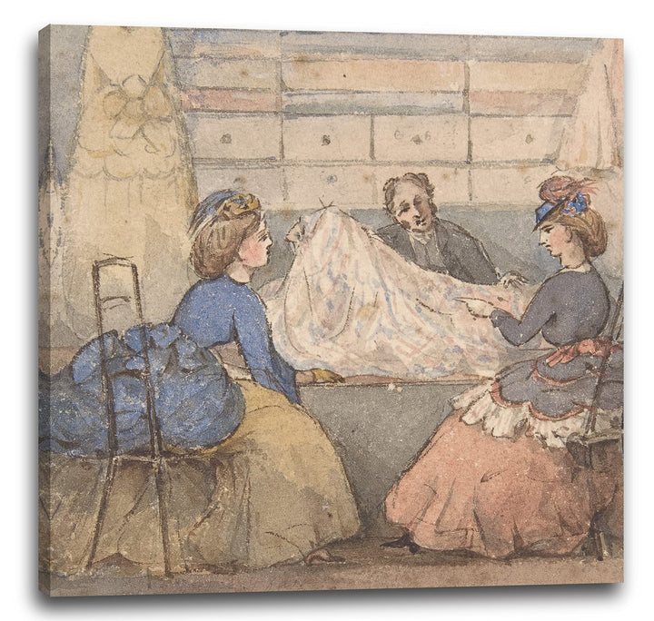 Leinwand (70x70cm): Anonym, Britisch, 19. Jahrhundert - Zwei Frauen, die Stoffe in einem Geschäft be