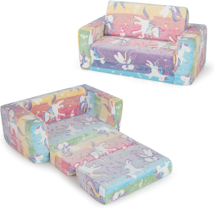 DREAMADE 2-in-1 Kindersofa ausklappbar, Kindersessel aus Flanellstoff mit leuchtenden Mustern, abneh