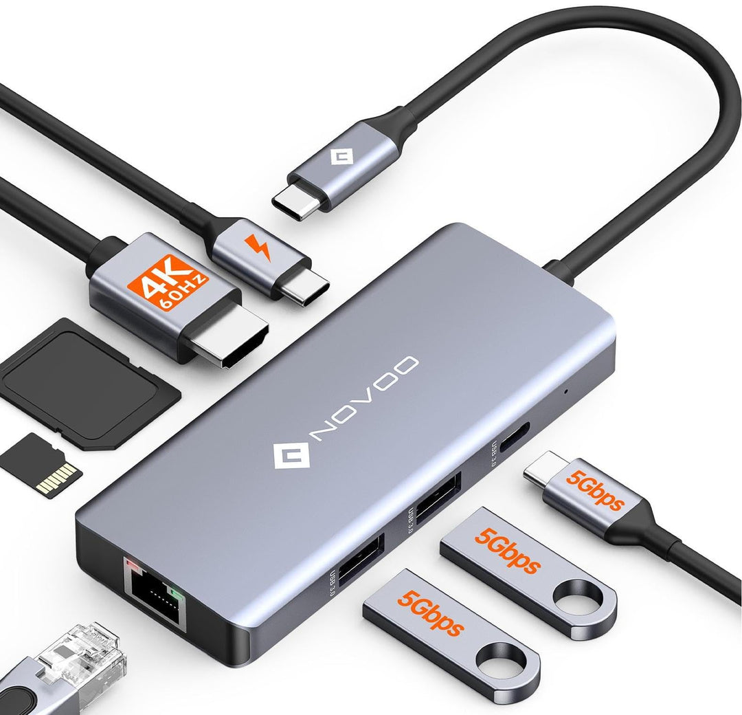 NOVOO USB C Hub 4K@60Hz HDMI 8-in-1 USB C Adapter Gigabit Ethernet Docking Station mit 100W PD, SD/T