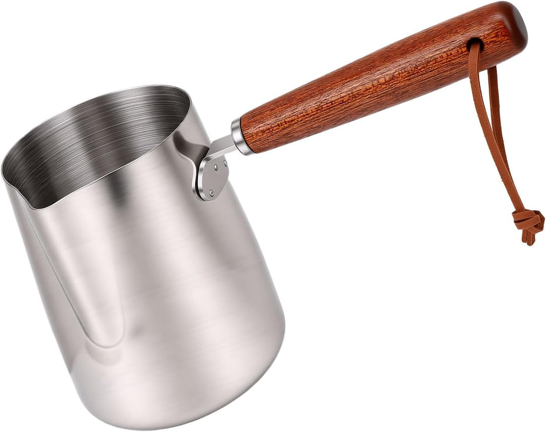 Milchaufschäumkrug aus Edelstahl 304 mit Ausguss aus Holzgriff Zum Kaffee-Kunst-Erhitzen von Milch a