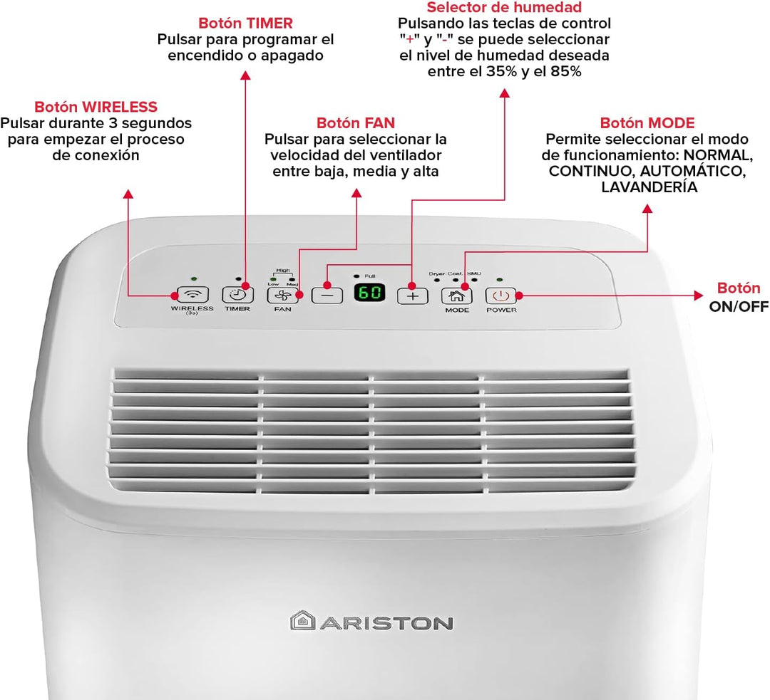 Ariston Deos 16s Wi Fi Tragbarer Luftentfeuchter, 430W, 16 Liter/Tag, Weiss 16 Litri Wi-Fi, 16 Litri