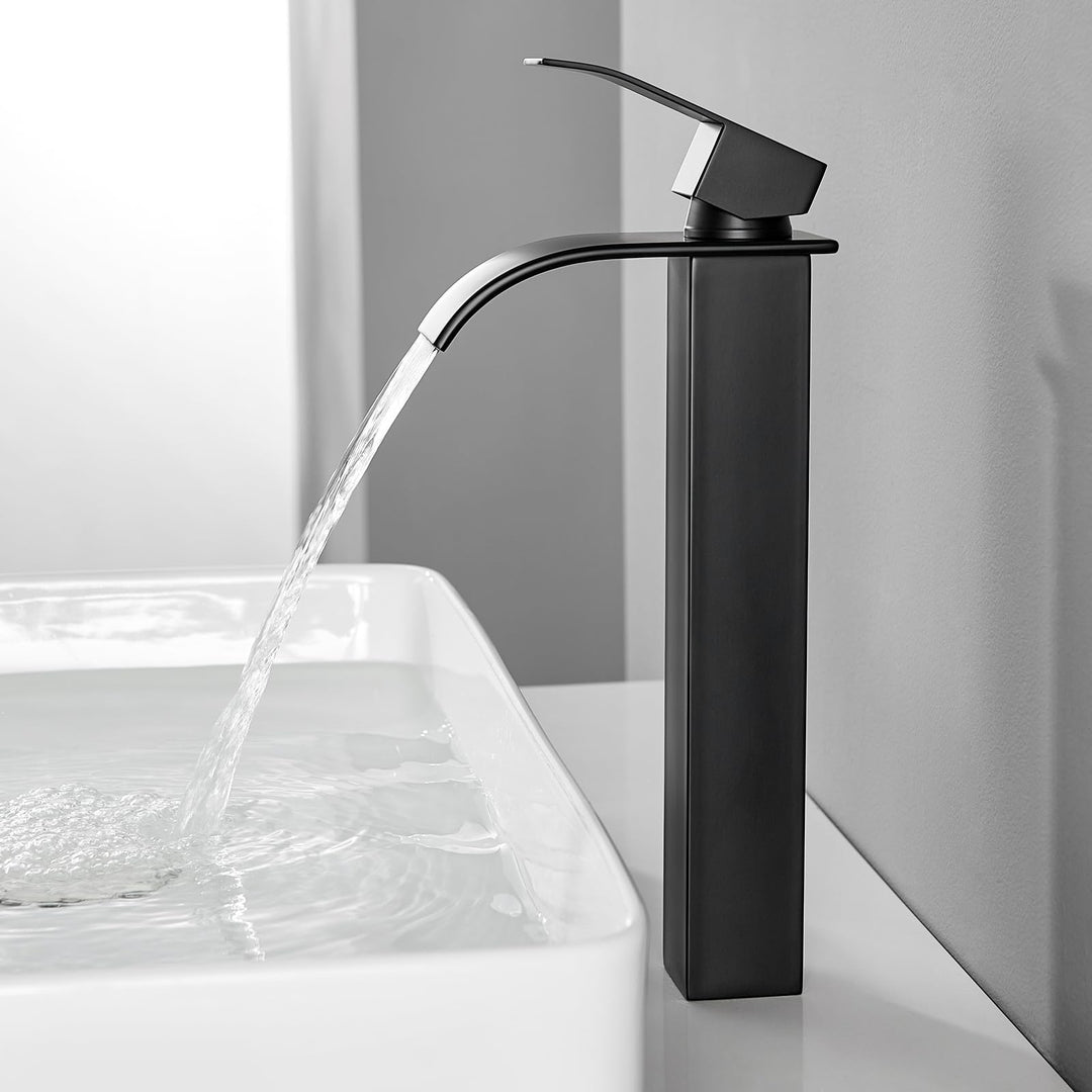 CECIPA Wasserhahn Bad Schwarz Hoch, Waschtischarmatur Wasserfall, Armatur Badezimmer Edelstahl, Wasc