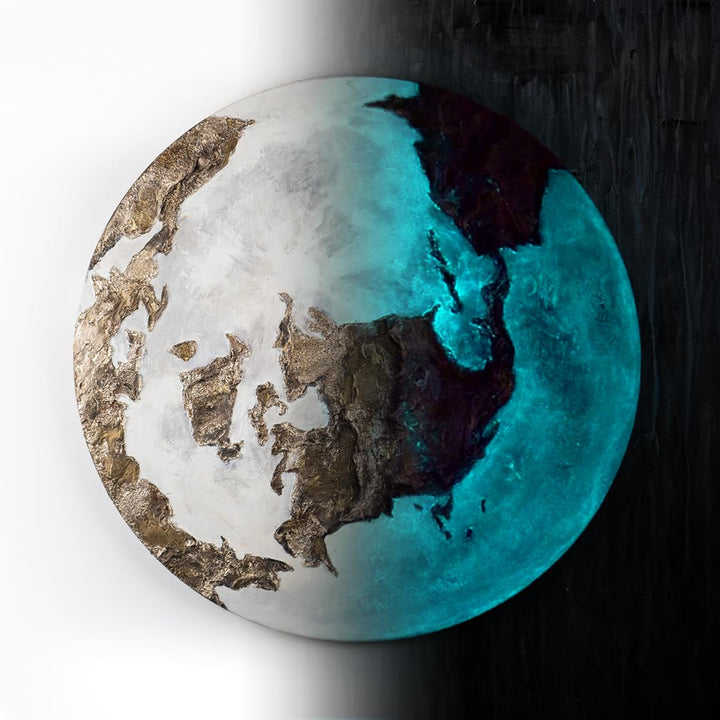 YS-Art Abstrakt Fluoreszierendes leuchtendes Acryl 3D Gemälde auf runder Leinwand Goldene Erde handg