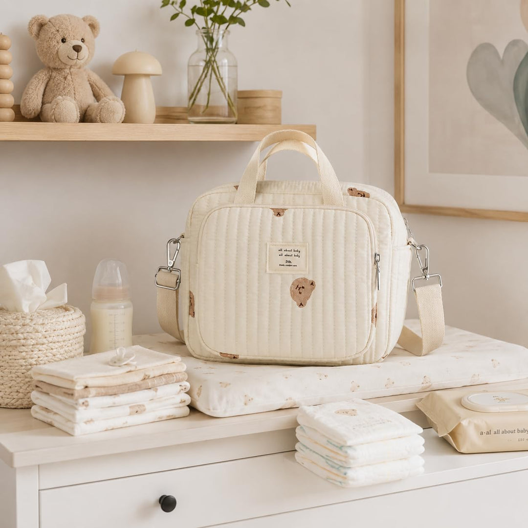 Diaper Bag, Diaper Bag Kleiner Bär, Mommy Bag, Small Quilted Tote with Detachable Adjustable Crossbo