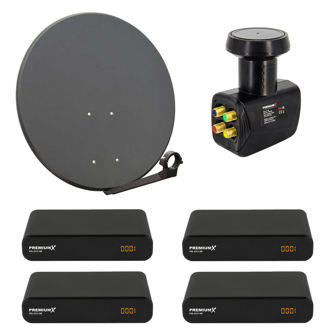 Premium X Satelliten-Komplettanlage 4 Teilnehmer 80cm Antenne Anthrazit SAT Quad LNB 4X Satelliten-R